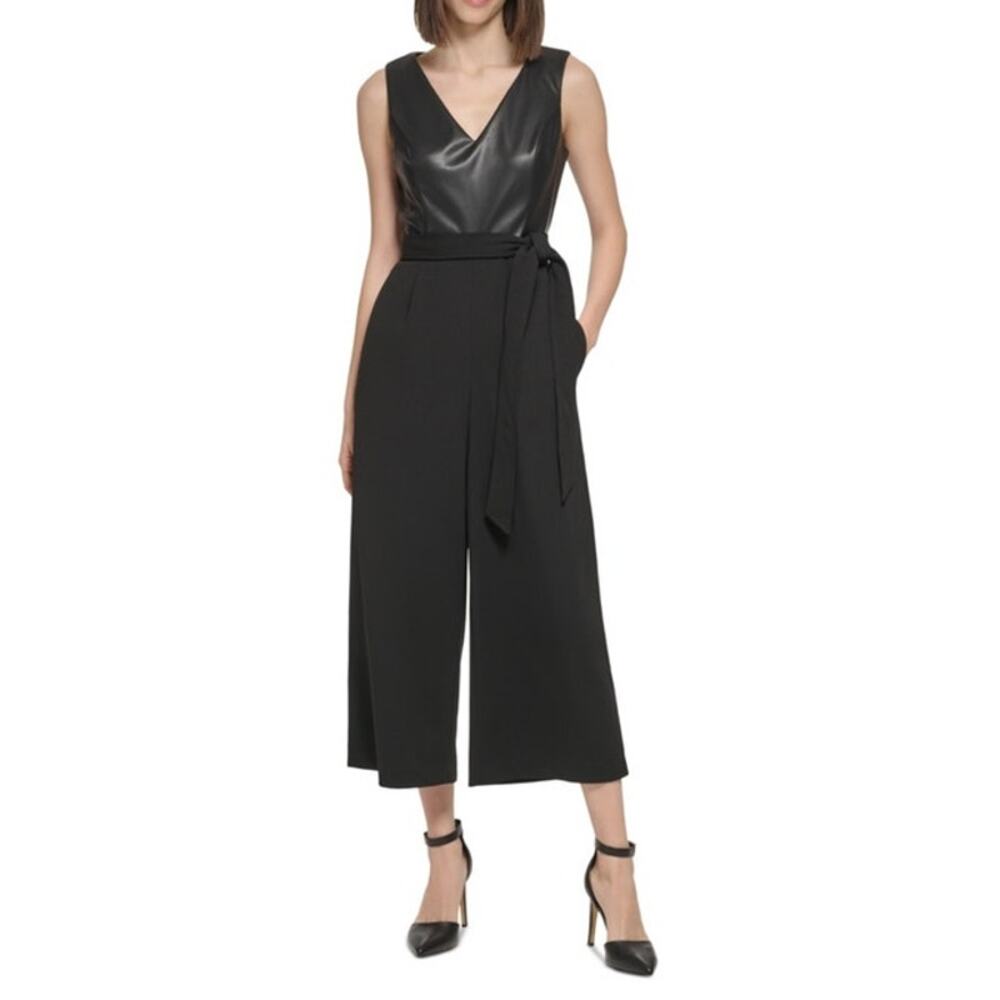 Calvin Klein Womens Size 4 NEW Sleeveless Faux Leather Belted Black Jumpsuit NWT